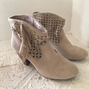 Desert sand suede fringe booties